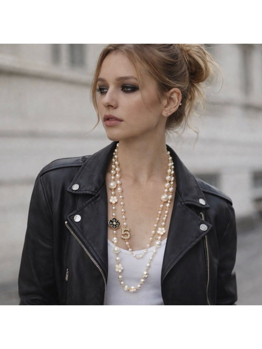 DUAL STRAND PEARL FLOWER NO.5 CHARM STATEMENT NECKLACE QUIET LUXURY COQUETTE - Picture 3 of 6